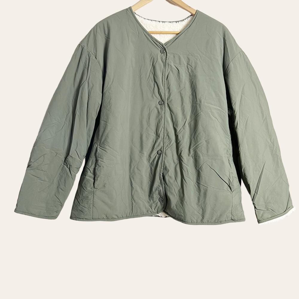 Quilted Olive Green Sherpa Faux Fur Lined Jacket Size L
